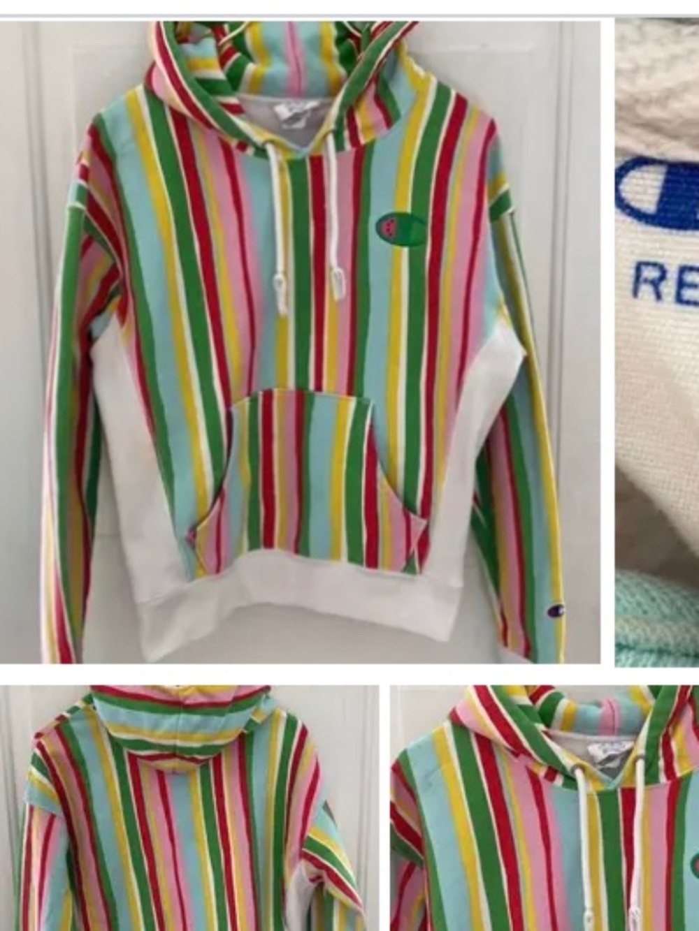 Women’s vintage hoodie - striped watermelon double weave hooded sweatshirt small
